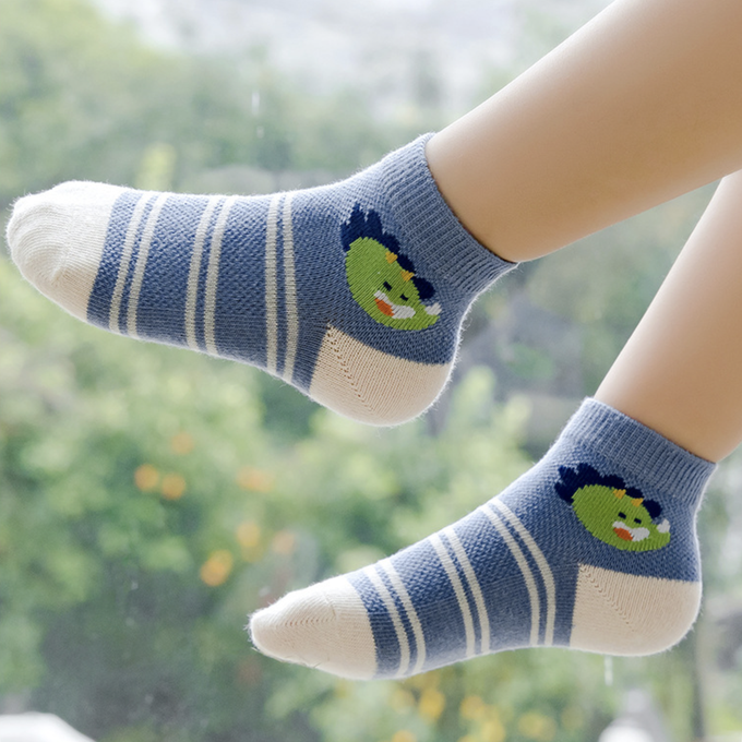 love, charlotte - 卡通條紋恐龍網眼短筒棉襪-5 雙一組