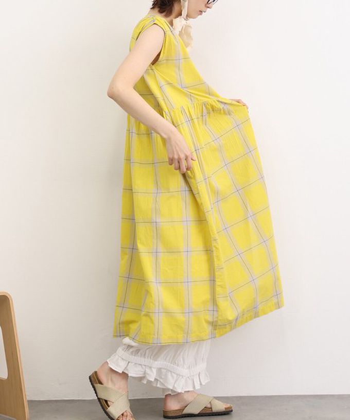 日本 Lupilien - 100%印度棉 清爽格紋開襟無袖洋裝-黃