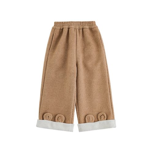腰鬆緊百搭休閒長褲(加絨)-翻摺兔耳朵-卡其色