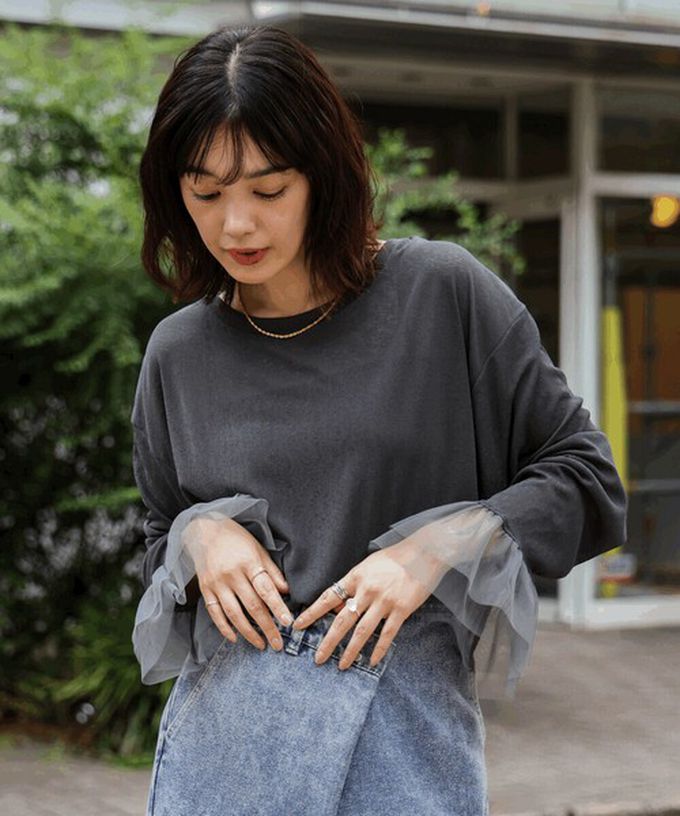 日本 Bab - 雙層薄紗拼接俏麗長袖上衣-象牙白