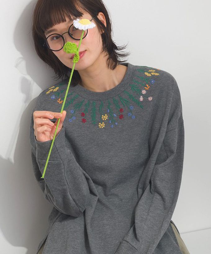 日本 Lupilien - 彩色刺繡花卉領裏毛長袖上衣-海軍藍