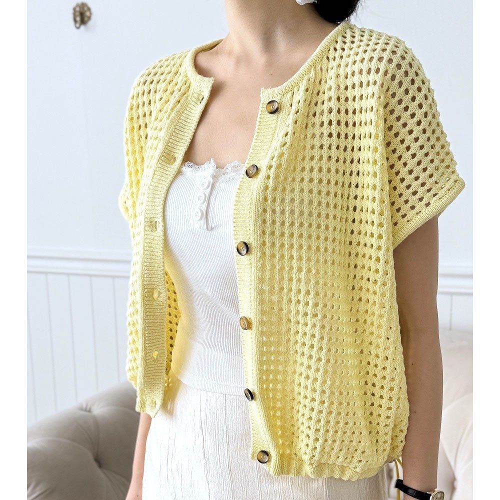 韓製 洞洞針織圓領抽繩背心外套/上衣-萊姆黃 (FREE)