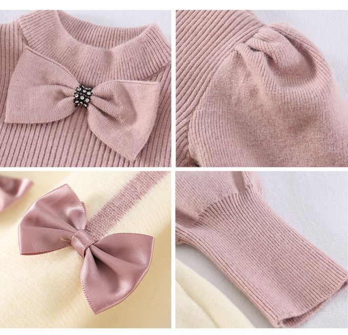 加絨針織半高領連身裙-蝴蝶結-粉+米白