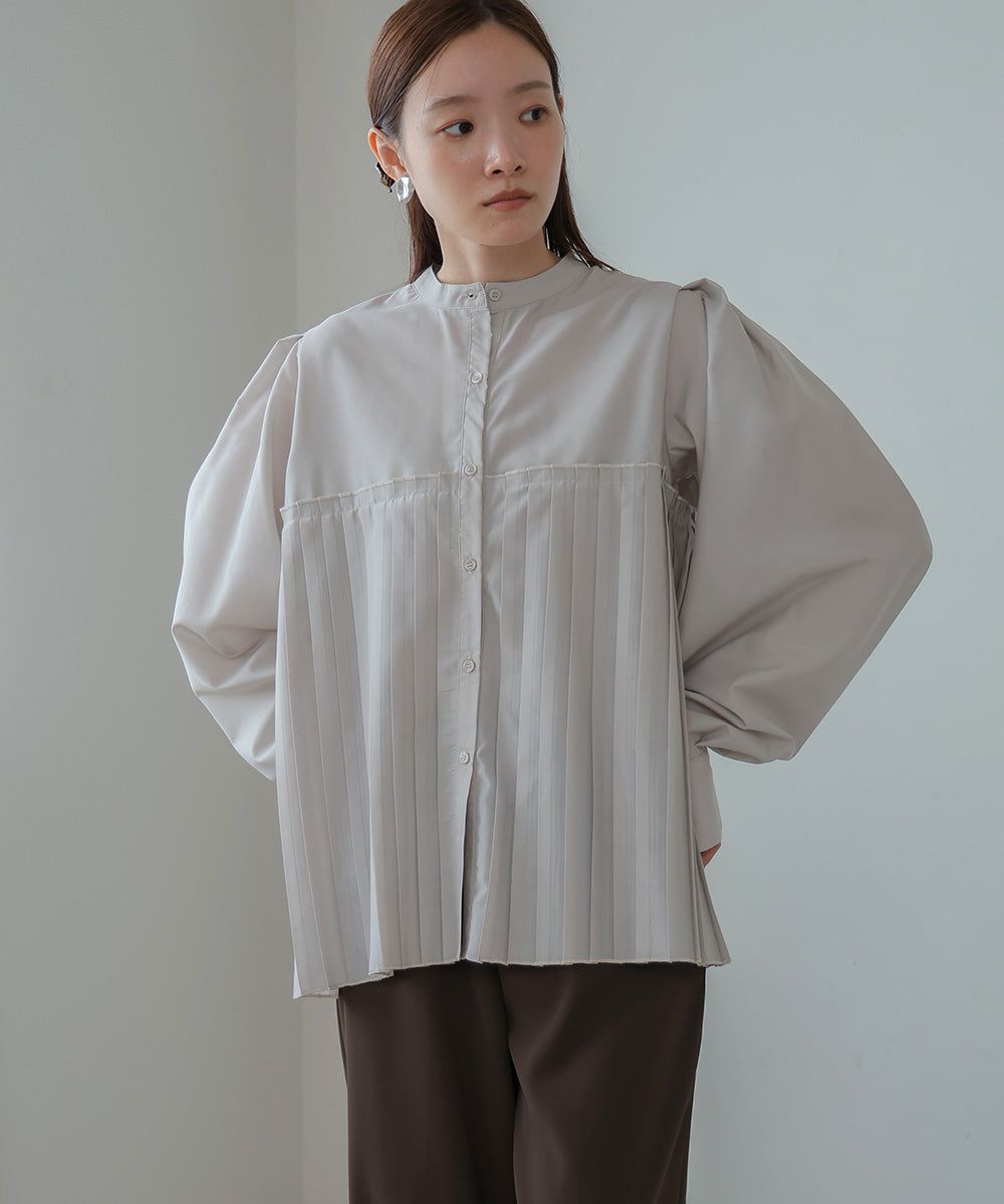 日本 Bab - 歐風百褶拼接泡泡袖襯衫-灰棕