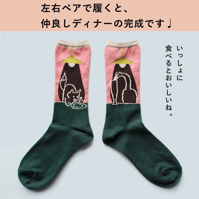 日本女裝代購 - 日本製 伊索寓言印花長襪-狐狸和鶴-洋紅 (23-25cm)