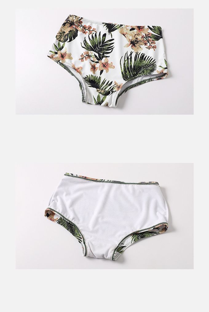 小清新比基尼罩衫顯瘦修身泳衣(三件組)-復古葉片-棕+綠+白-比基尼上衣、泳褲、罩衫