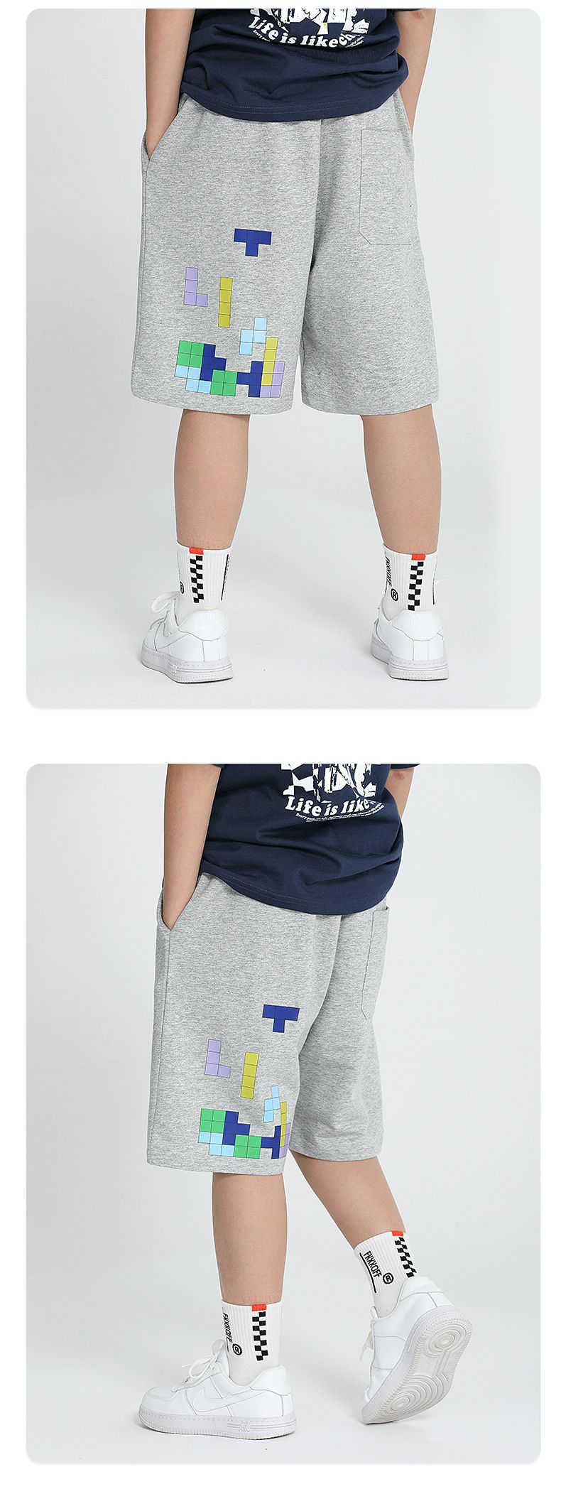 個性五分短褲-俄羅斯方塊-卡其色