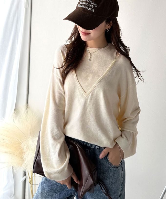 日本 Classical Elf - 假二件疊穿時尚露肩長袖上衣-象牙白