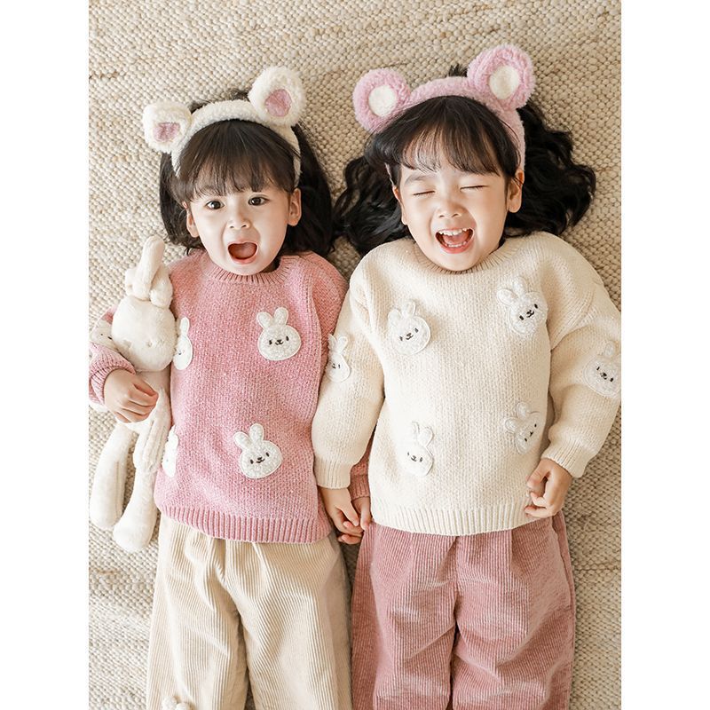 TONGMO - 雪尼爾針織圓領長袖毛衣-滿滿兔子-粉色