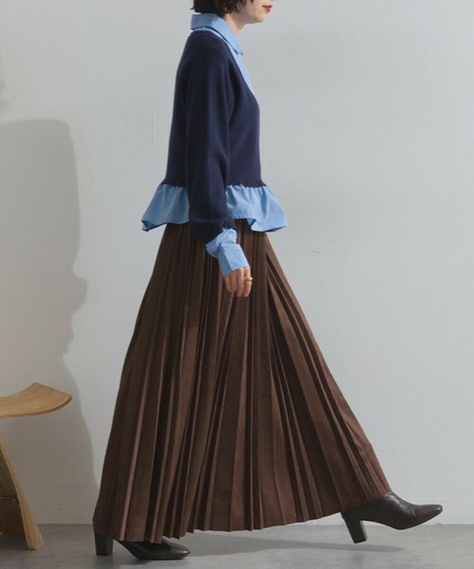 日本 ELENCARE DUE - 俐落低調麂皮百褶長裙-炭灰