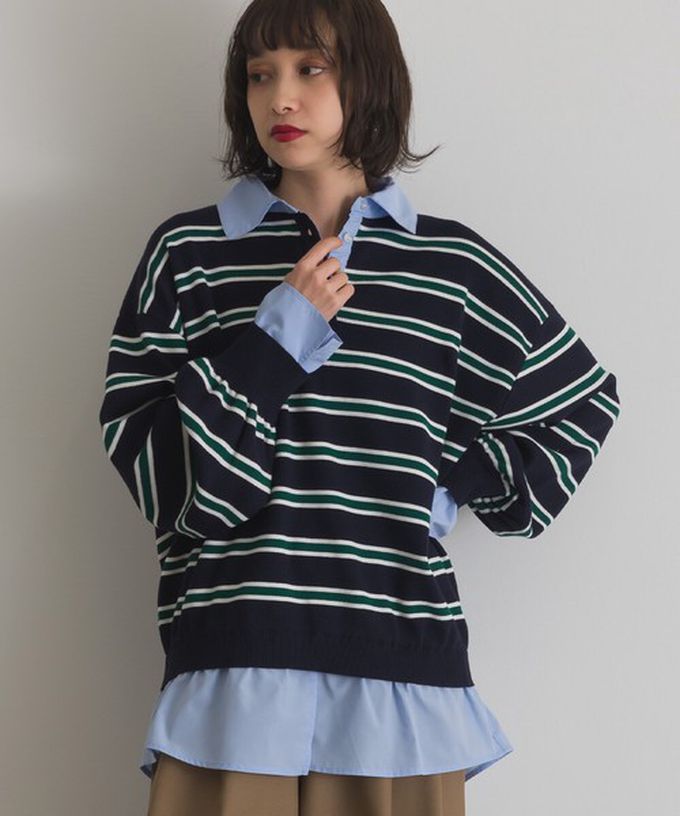 日本 ELENCARE DUE - 假二件襯衫領輕盈落肩長袖上衣-藍灰條紋