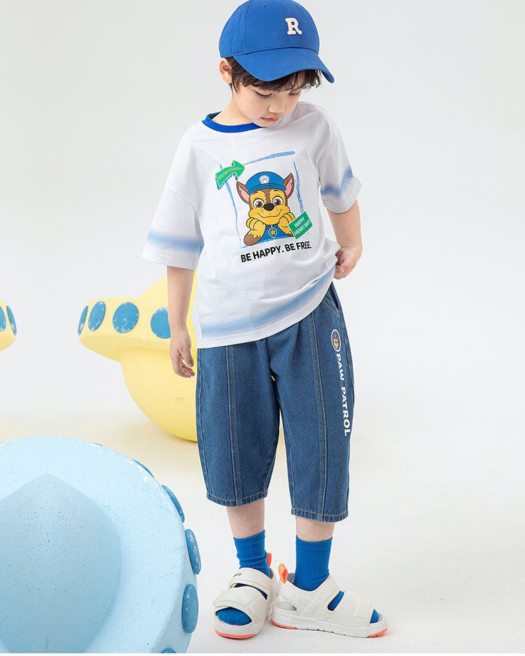 汪汪隊漫畫風圓領短袖上衣-卡通人物阿奇+毛毛-白+藍