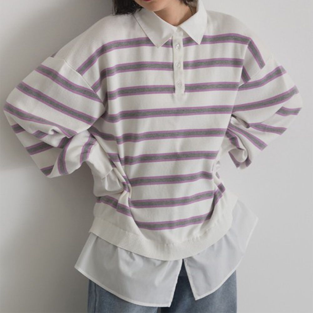 假二件襯衫領輕盈落肩長袖上衣-紫白條紋