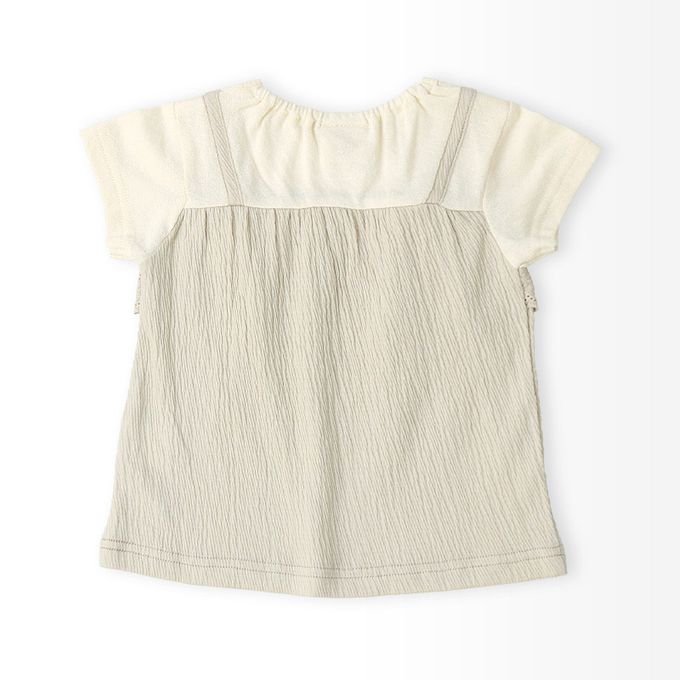 日本 ZOOLAND - 清爽楊柳 假二件蕾絲滾邊短袖上衣-米杏