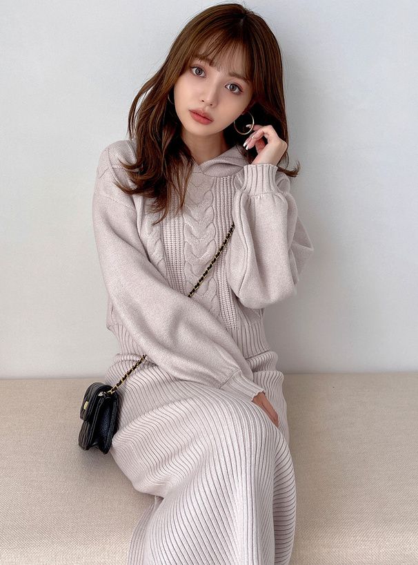 日本 GRL - 柔軟針織帽Tx長裙2件組-淺灰杏