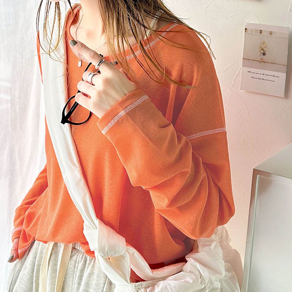 透膚感配色線條薄長袖上衣-橘