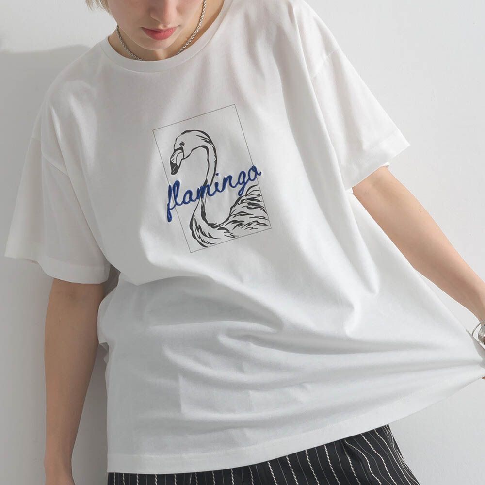 接觸冷感 紅鶴刺繡印花休閒上衣-白