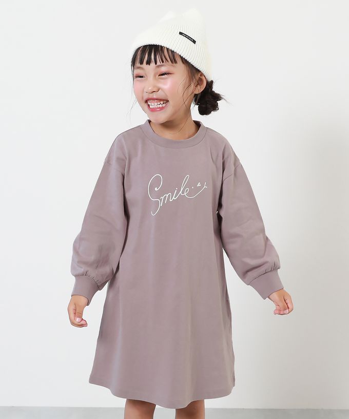 日本 devirock - 100%棉 女孩定番印花長袖洋裝-聰明女孩-灰粉