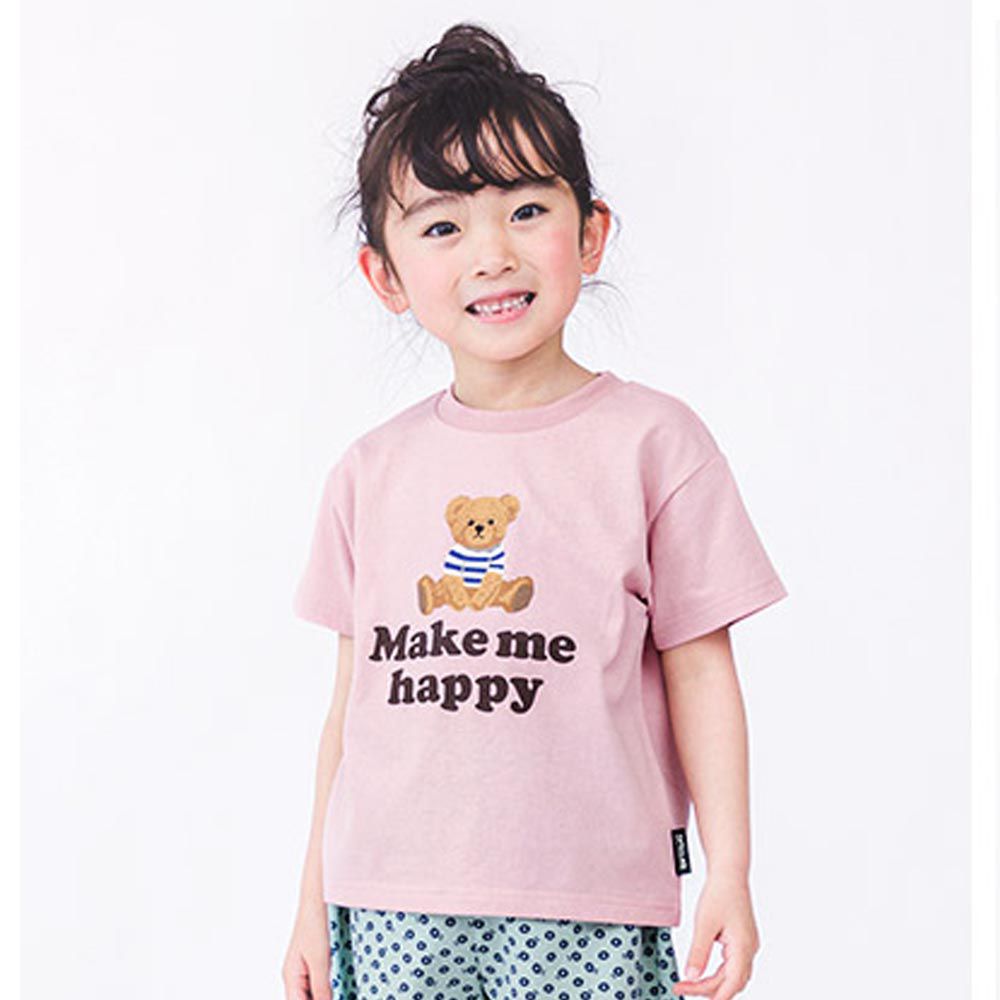 日本 ZOOLAND - 甜美女孩圓領短袖上衣-小熊-粉紅