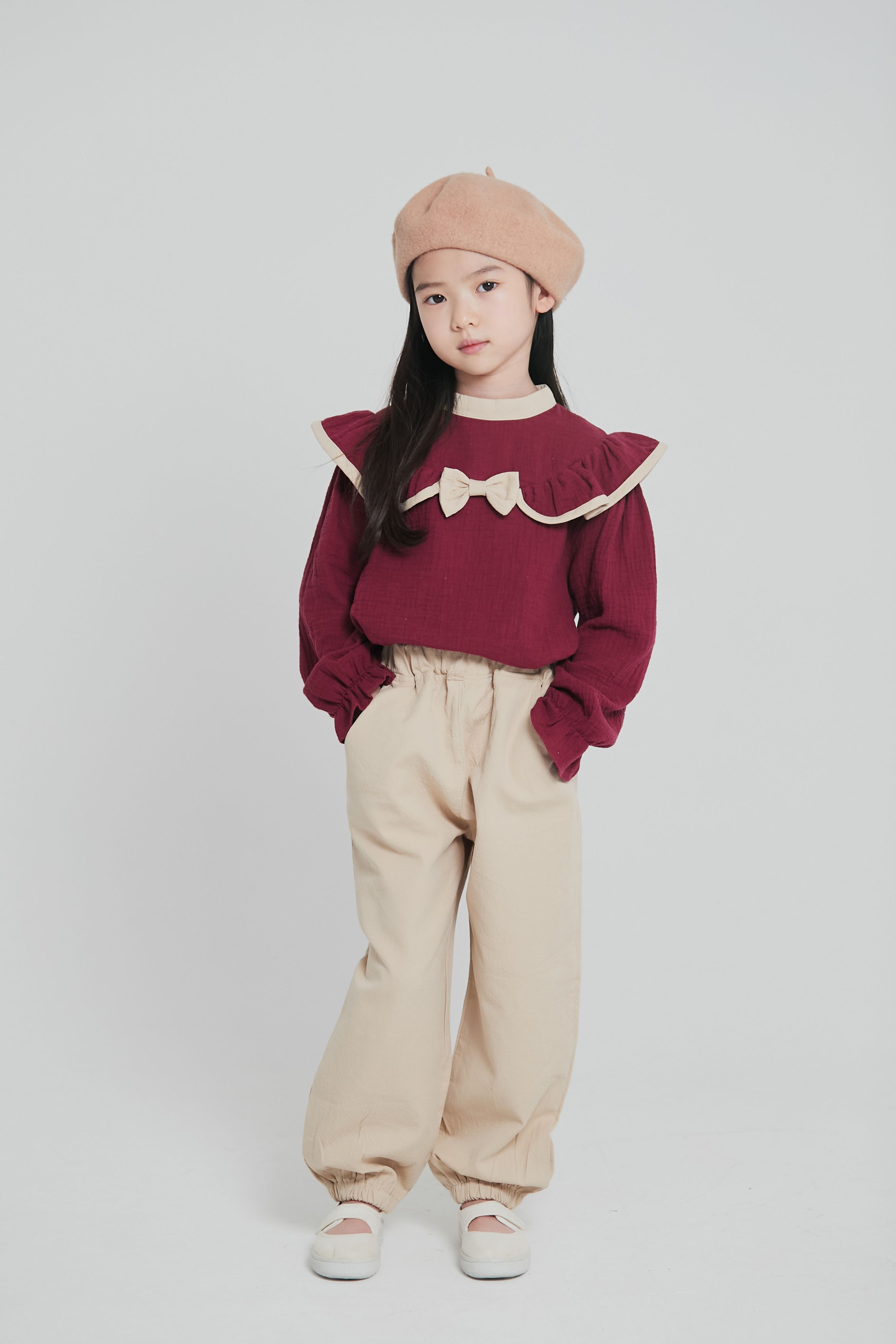 韓國 Coco Bang - 波浪邊拼接蝴蝶結點綴上衣-酒紅