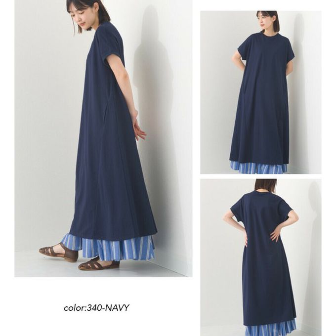 日本 OMNES - 接觸涼感 嫘縈圓領傘狀短袖洋裝-海軍藍