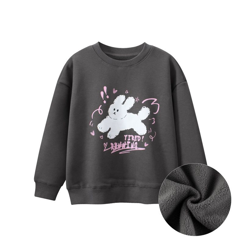 (大童)加絨圓領長袖上衣/大學T-愛心兔兔-深灰色