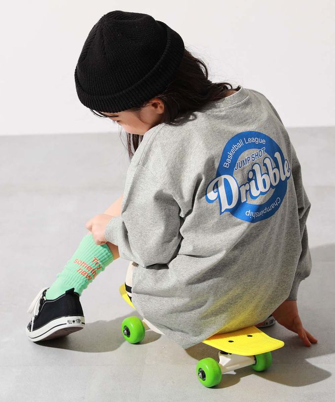 日本 devirock - 100%棉 定番印花寬版長袖上衣-背後狗狗-粉紫