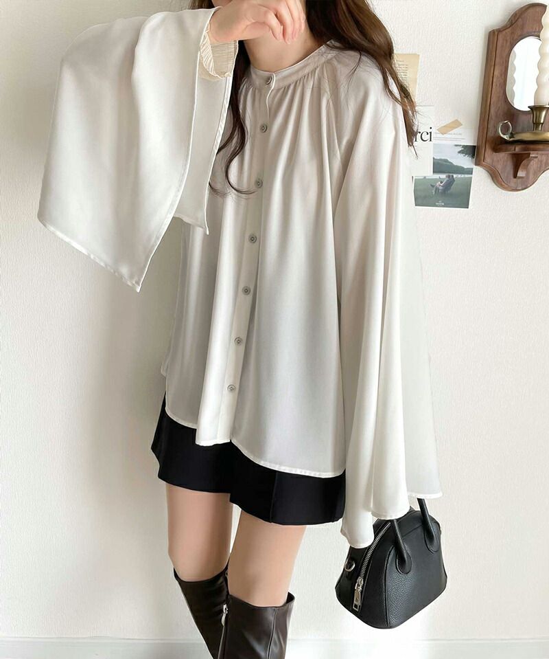 日本 Classical Elf - 優雅花園垂墜感開袖襯衫-奶油白