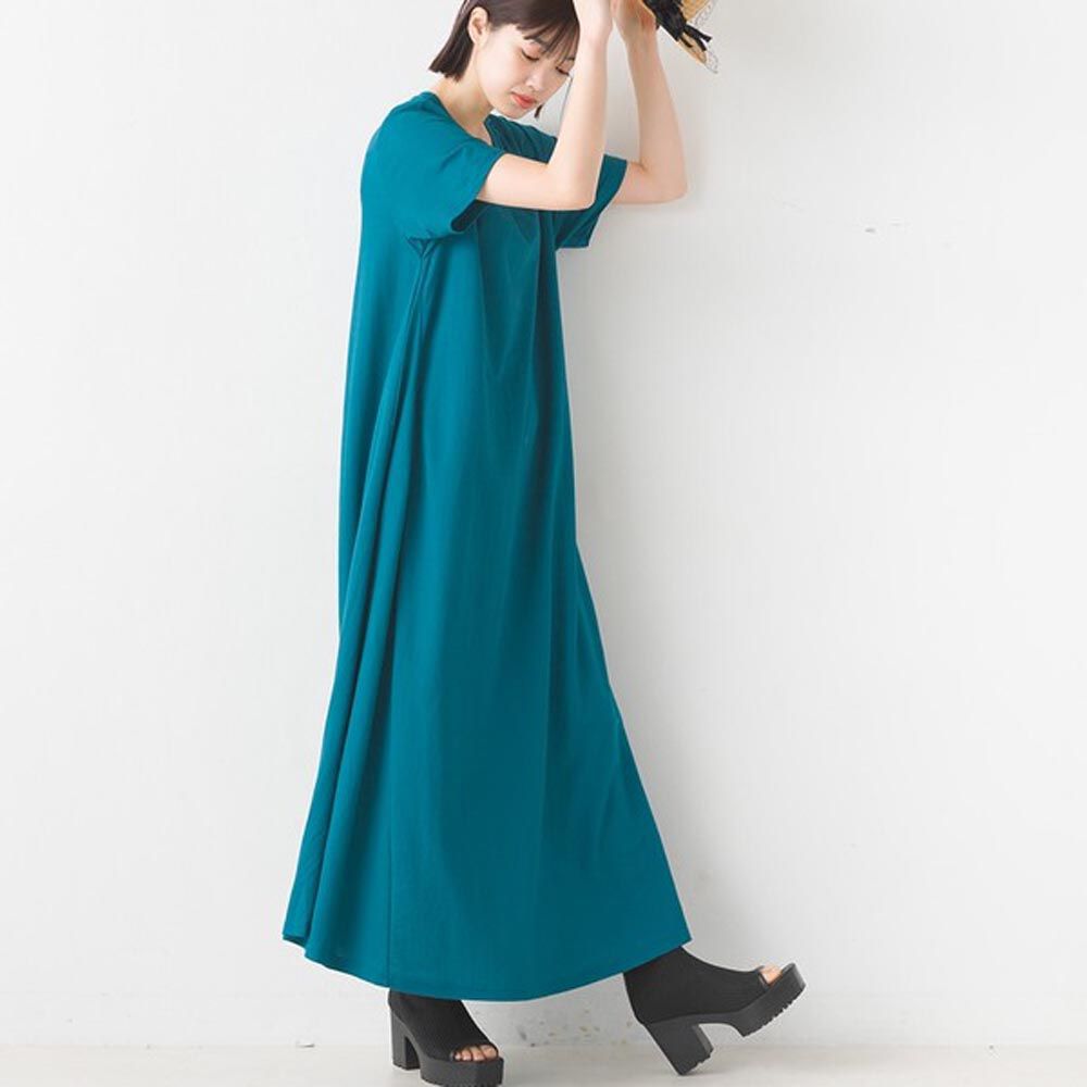 日本 OMNES - 接觸涼感 嫘縈定番圓領短袖洋裝-藍綠