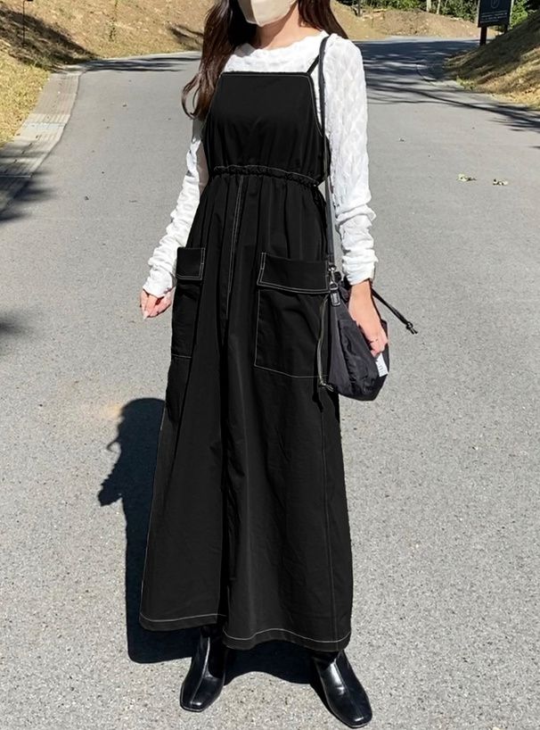 日本 GRL - 聯名款 側抽繩工裝風吊帶裙-黑 (F)