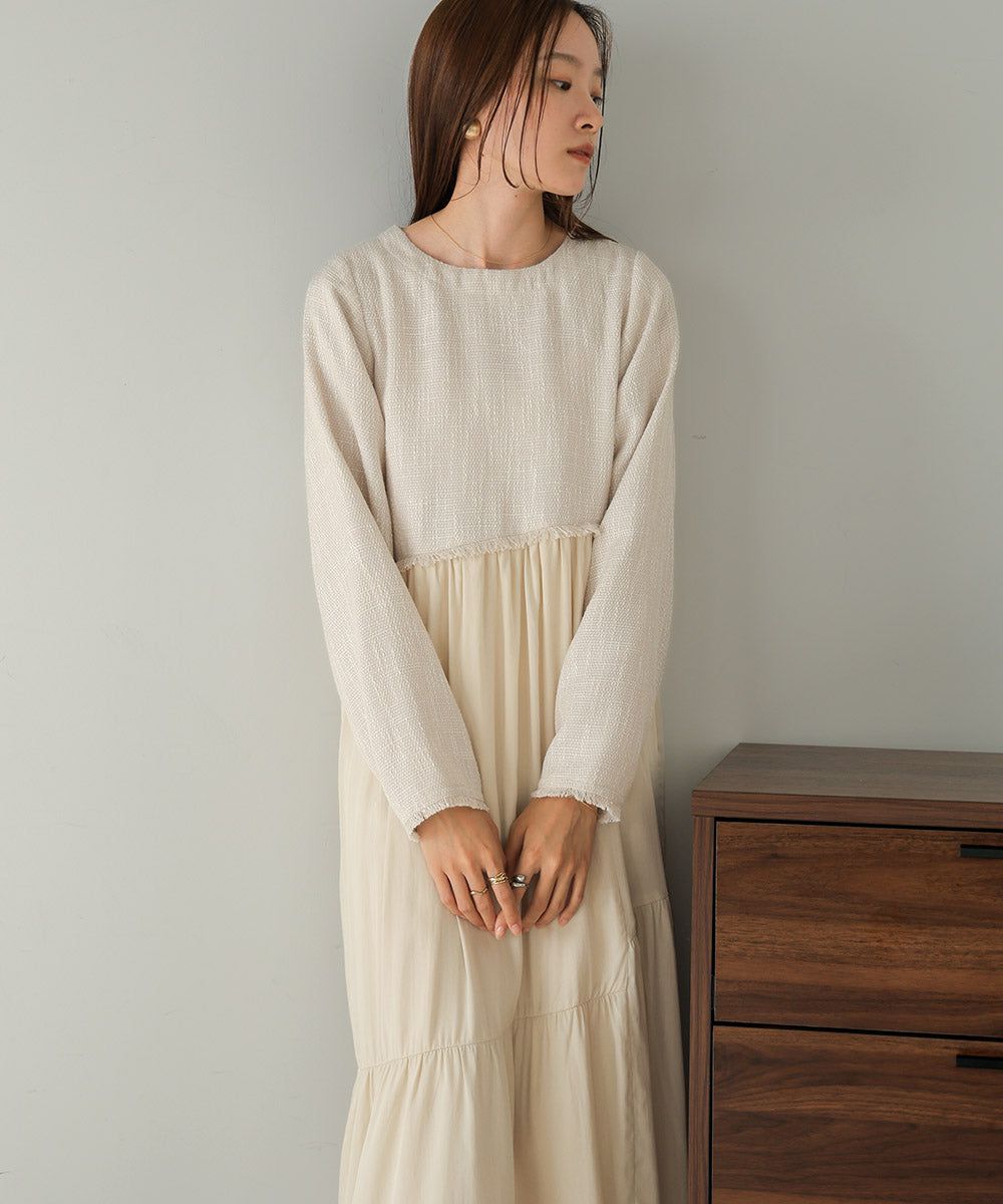 日本 Bab - 仙氣花呢異材質拼接長袖洋裝-黑