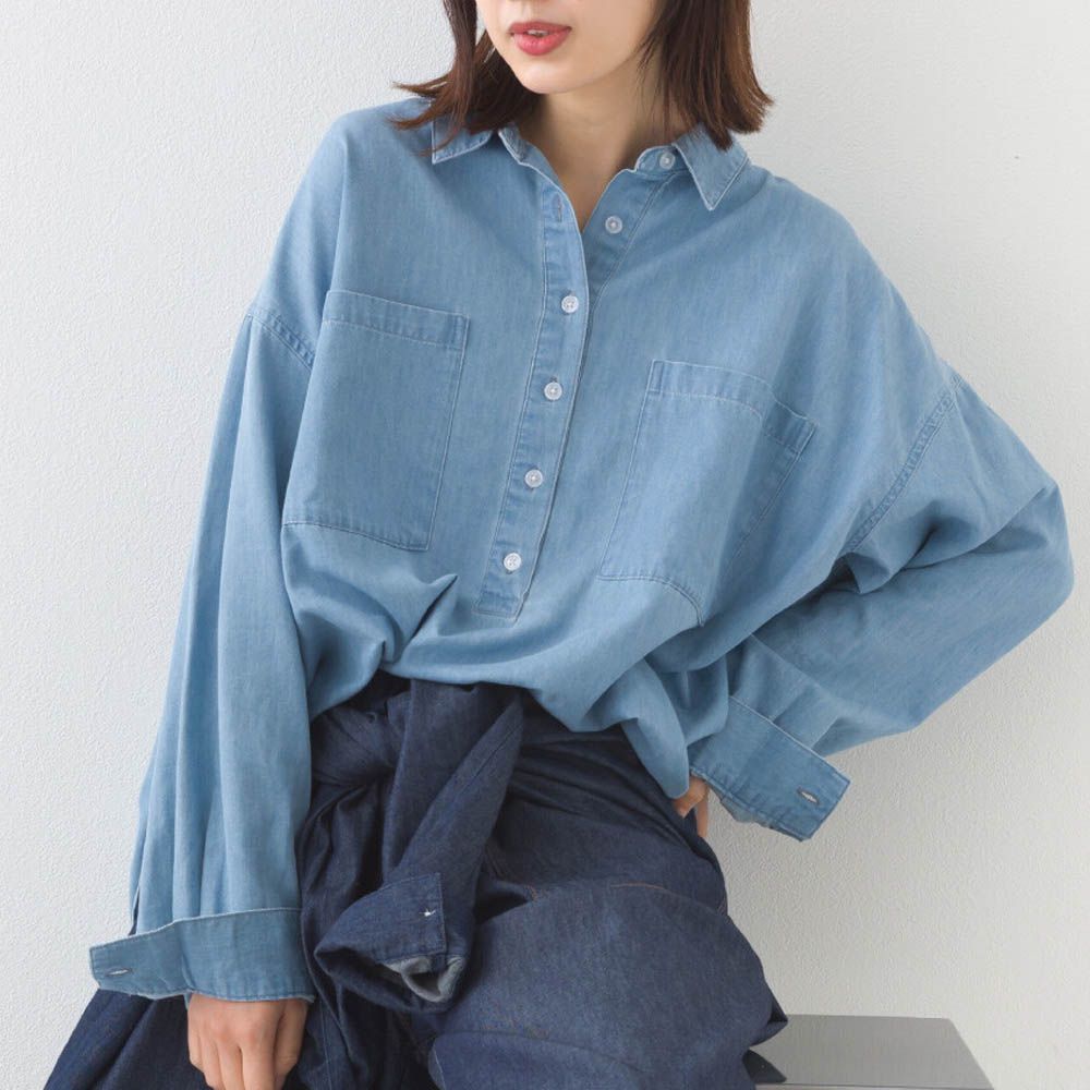 丹寧感透氣俐落排扣長袖上衣-淺藍