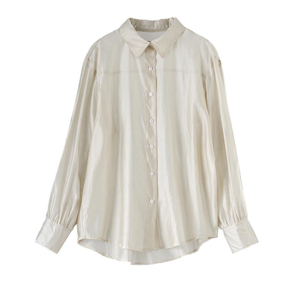 糖果色簡約薄款長袖修身上衣-香檳色