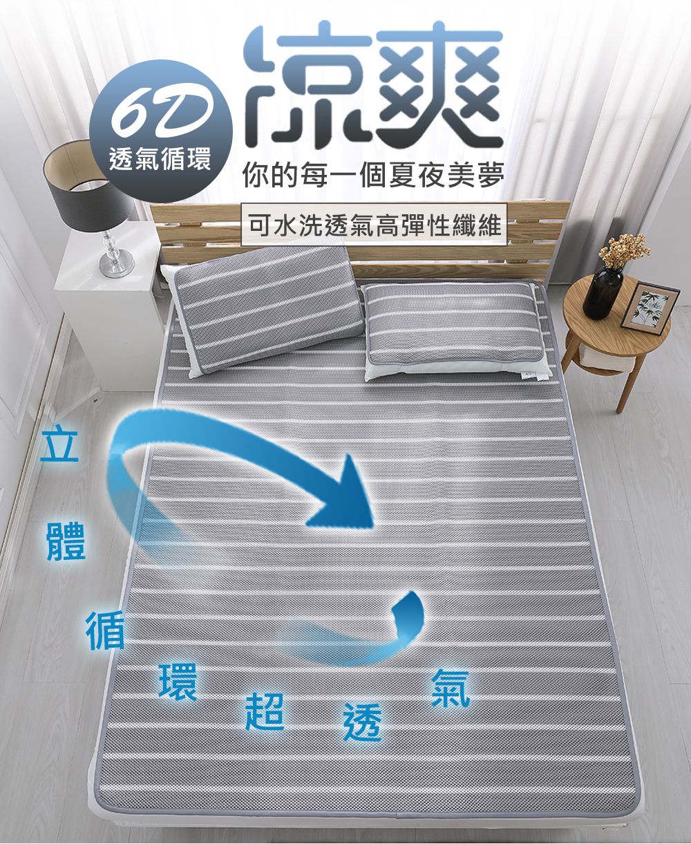 鴻宇 HongYew - 水洗6D透氣循環墊-單人-灰色條紋