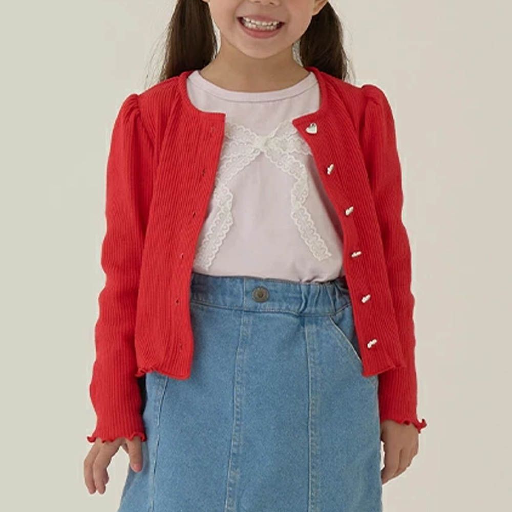 愛心鈕扣羅紋針織薄外套-熱情紅