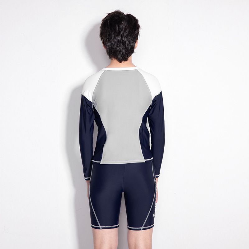 大童男孩長袖泳衣套裝(二件組)-拼色款-藍+灰+白-泳衣、短泳褲