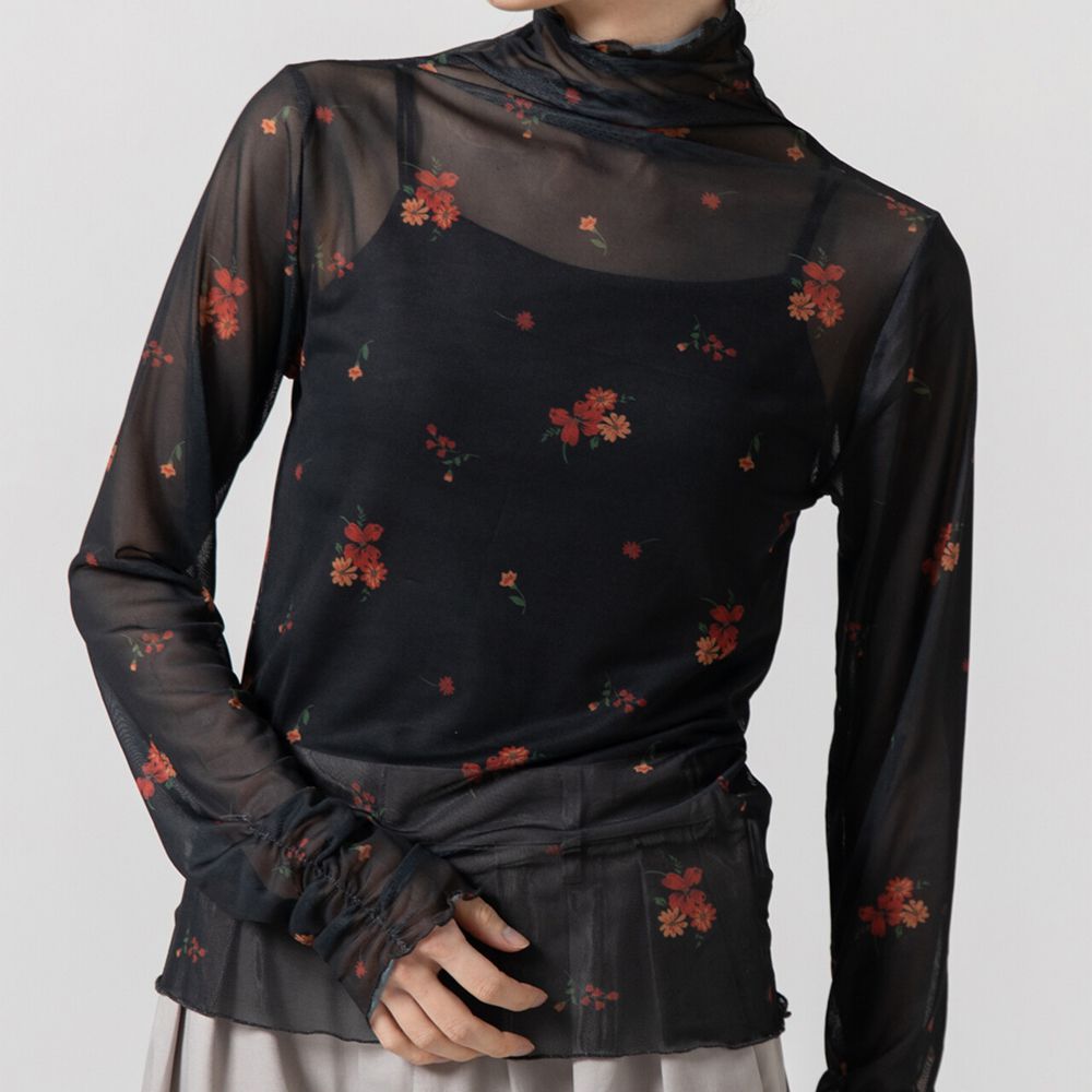 優雅小花木耳邊透膚高領長袖上衣-黑x紅花
