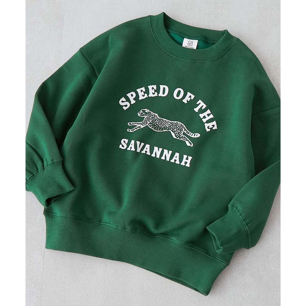 裏起毛動物印花大學T-飛越獵豹-濃綠