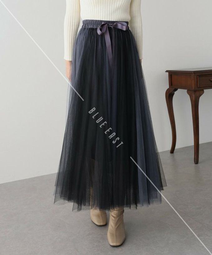 日本 BLUE EAST - 浪漫豐盈蝴蝶結綁帶薄紗裙-素色-黑