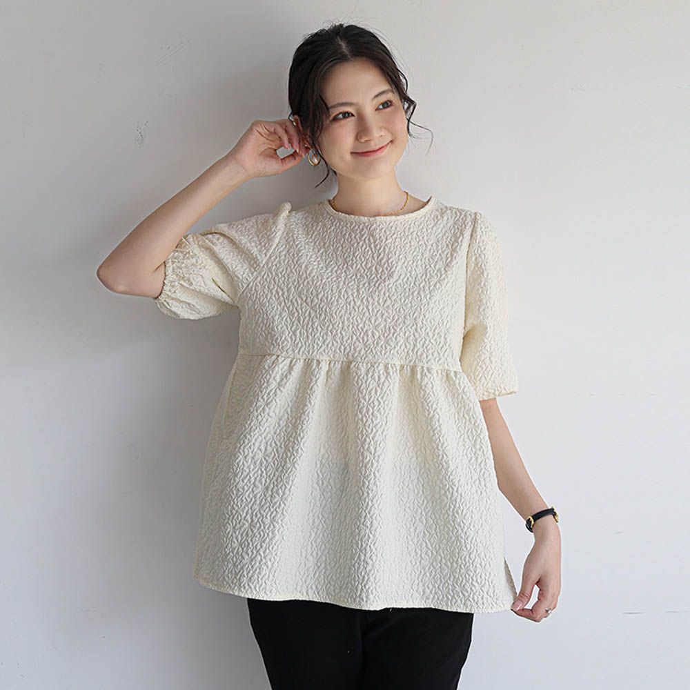 甜美減齡後綁帶泡泡袖上衣-白色