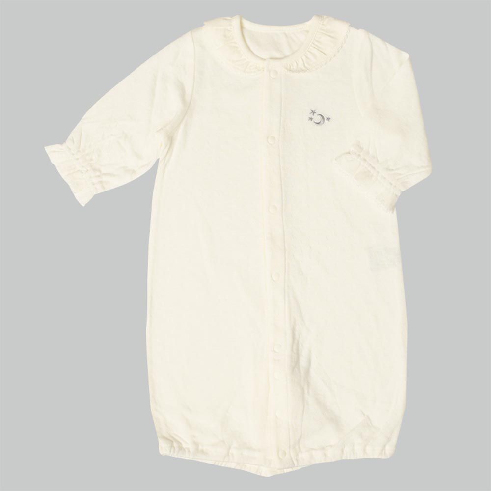 akachan honpo - 長袖蓬鬆有機棉連身衣-米白色 (50～70cm)