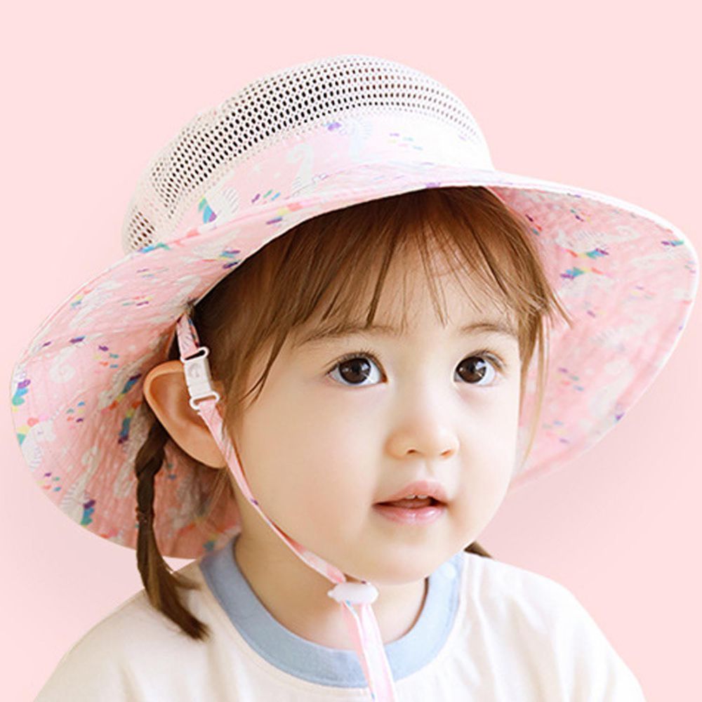 可調節兒童大帽簷防曬遮陽帽-獨角獸-粉色