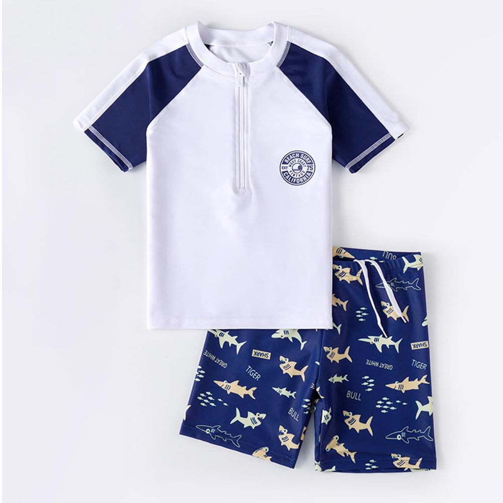 男寶短袖泳裝套裝-滿版鯊魚短褲-白+深藍