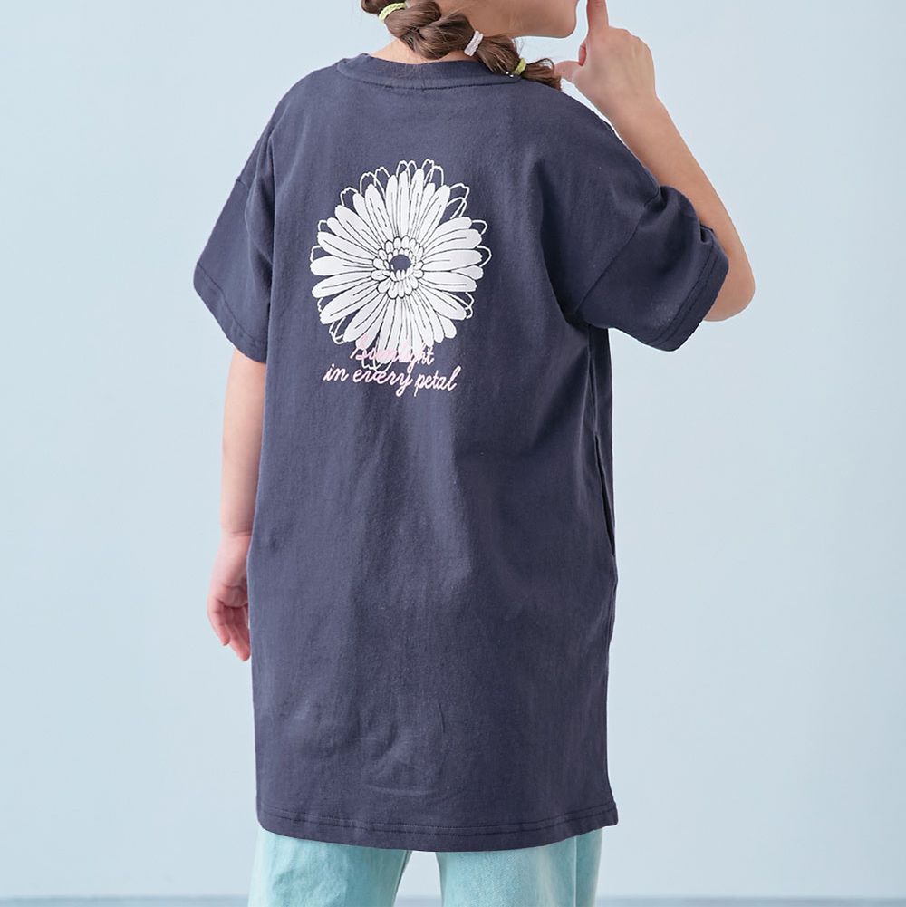 100%棉 率性印花短袖洋裝-大花朵-海軍藍