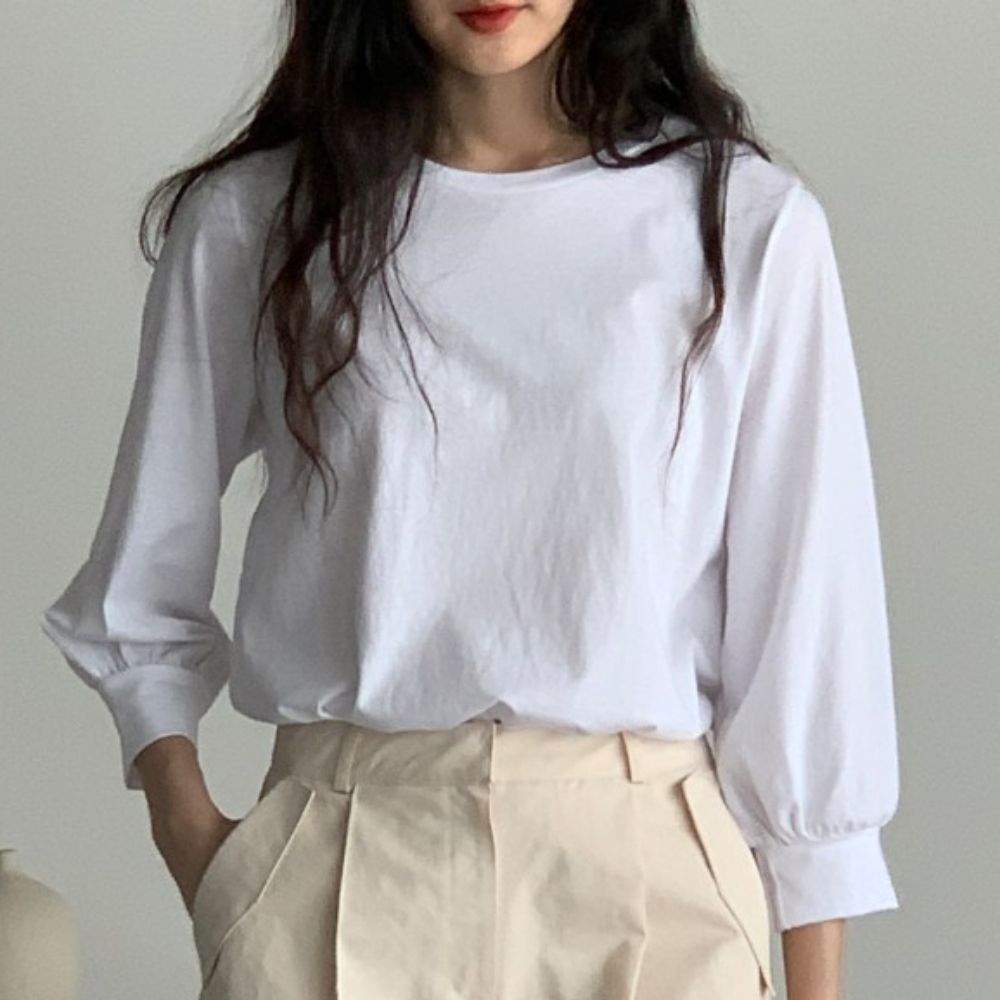 韓國女裝連線 - 極簡好搭七分袖上衣-白 (FREE)