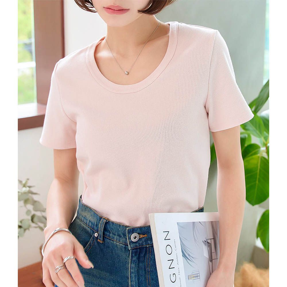 深U領神級美型舒適短袖上衣-嫩粉紅
