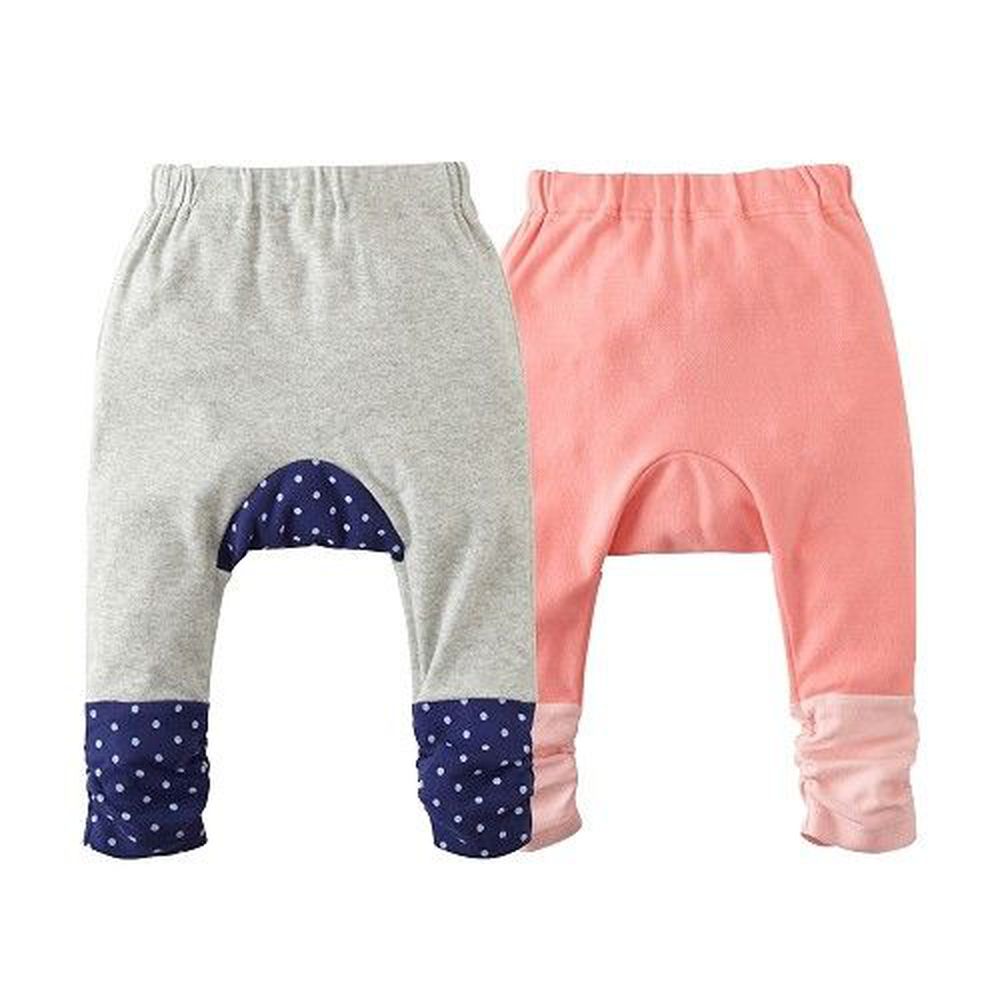 日本Nissen - 純棉附褲底布褲腳拼接長褲兩件組-灰色雜紋＋粉紅色