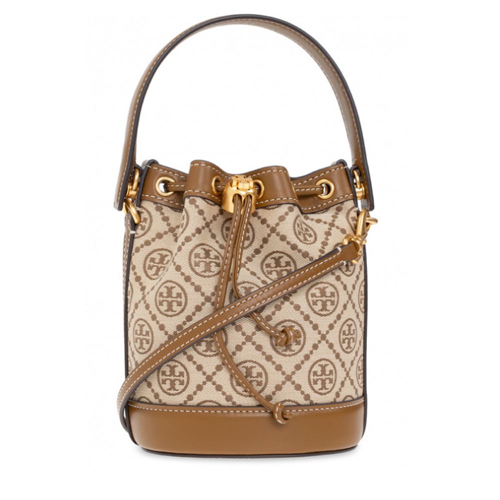 緹花織布拼接皮革束口水桶包 (卡其駝)