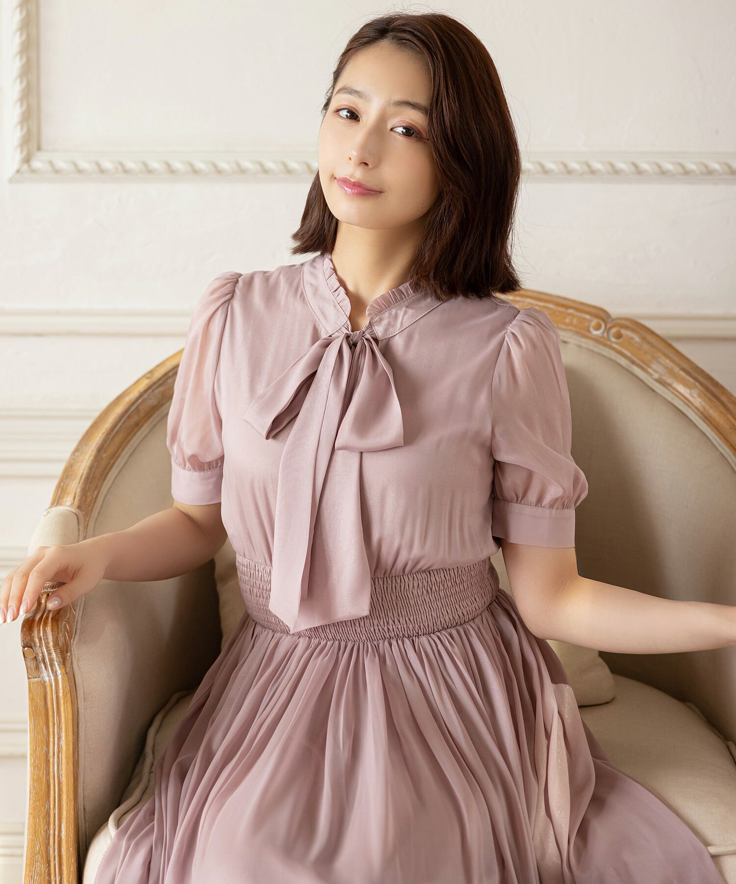 日本 tocco-closet - 2WAY甜美蝴蝶結雪紡洋裝-海軍藍