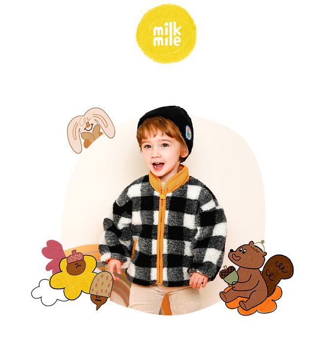 韓國 milk mile - 黑白格紋毛絨保暖外套-黑